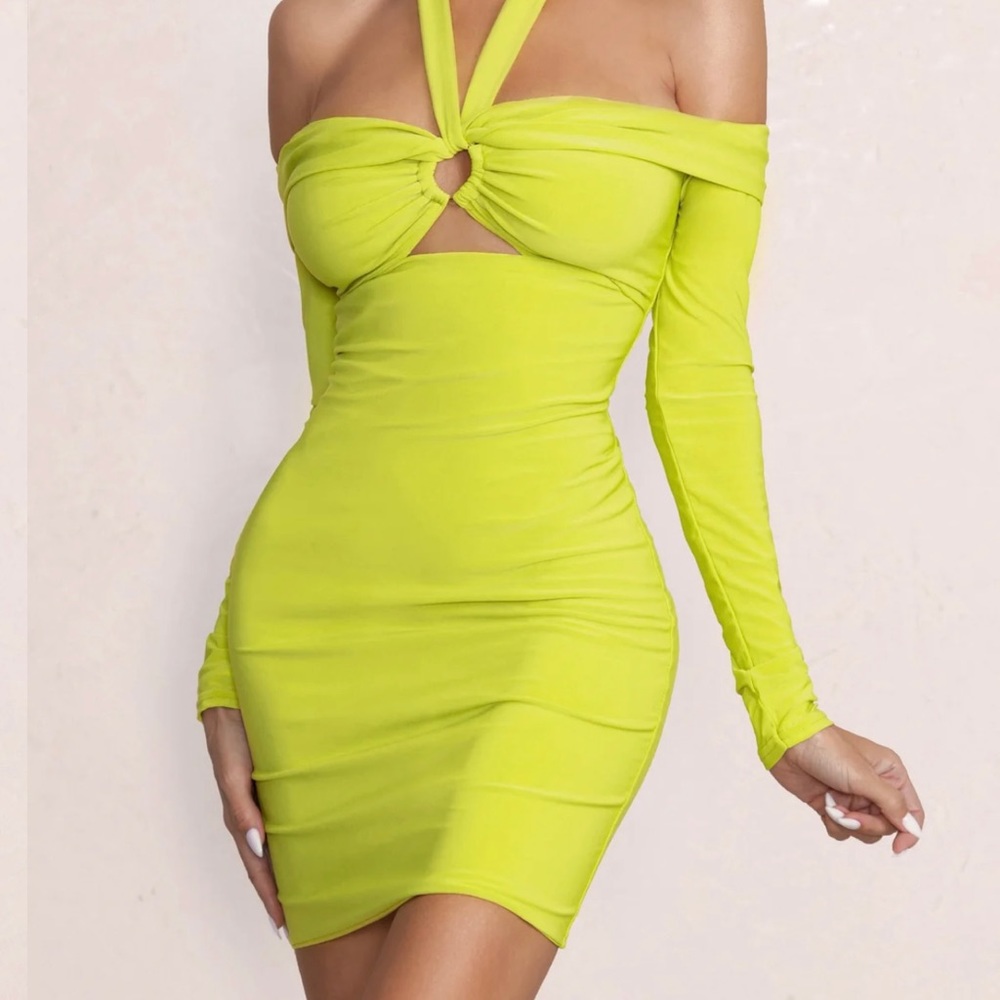 LIME GREEN BARDOT HALTER NECK CUT OUT MINI DRESS